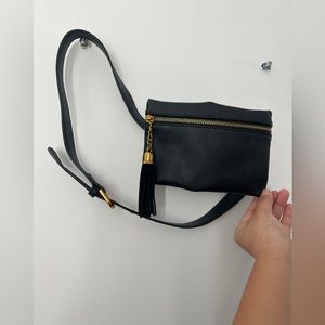 Black Faux Leather fringe zipper Fanny bag